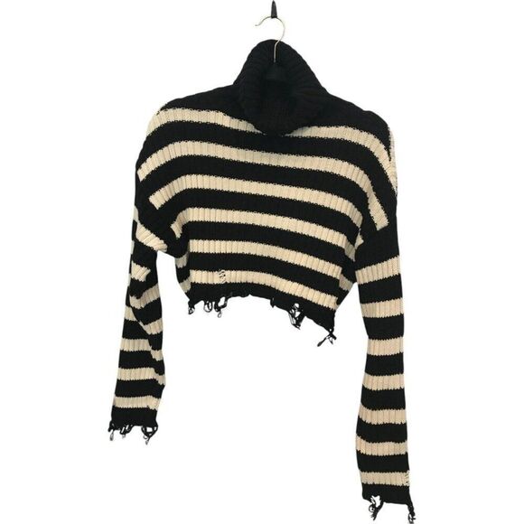 Zara Women Crop Sweater L Black White Striped Turtleneck Pullover 6771/158 NWT - Picture 3 of 10